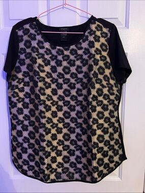 Ann Taylor Black Floral Overlay Short Sleeve Blouse